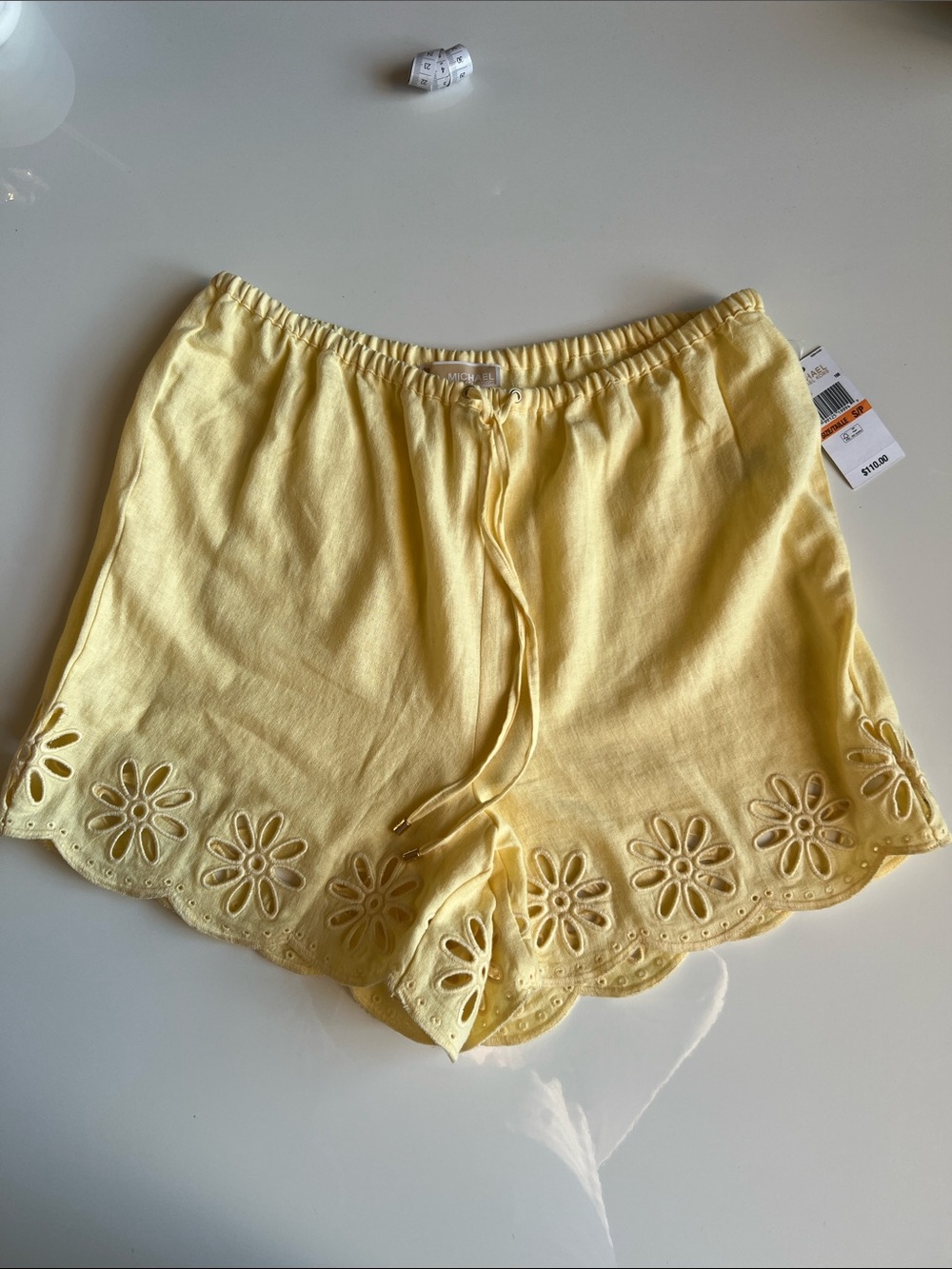 Michael Kors Yellow Floral Eyelet scalloped hem High-Waist Drawstring Shorts